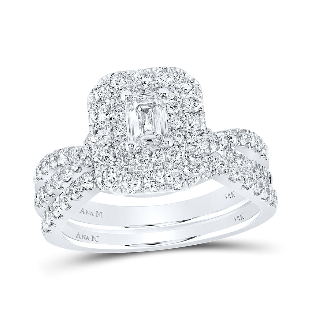 14K White Gold Emerald Dia. Halo Bridal Wedding Band Set 1-1/2ctw, Women's Sz: 5-10
