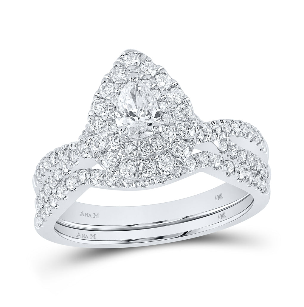 14K White Gold Pear Dia Halo Bridal Wedding Band Set 1ctw, Women's Sz: 5-10