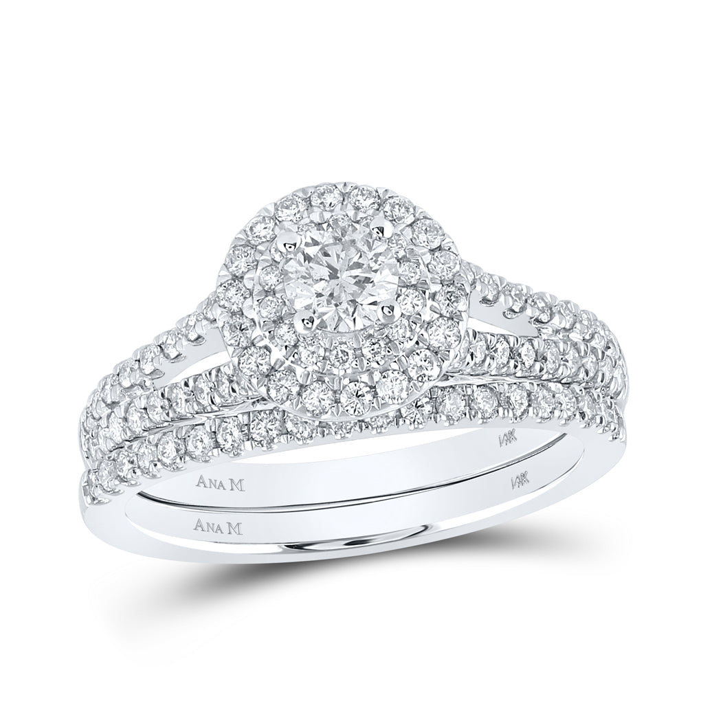 14K White Gold Round Dia. Halo Bridal Wedding Band Set 1ctw, Women's Size: 5-10