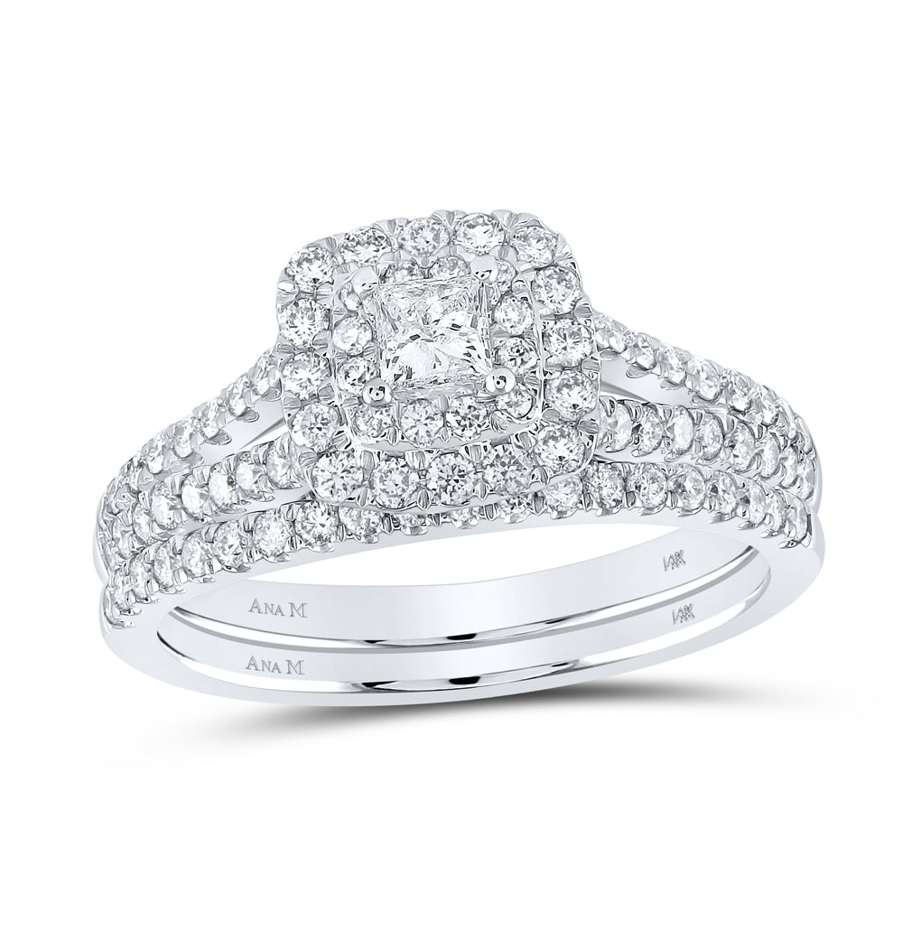 14K White Gold Princess Diamond Halo Bridal Wedding Ring Band Set 1 Cttw, Womens Size: 5-10