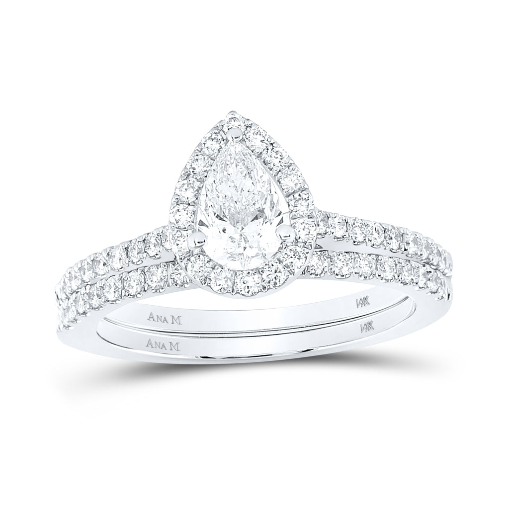 14K White Gold Pear Dia. Halo Bridal Wedding Band Set 1ct., Women's Sz: 5-10