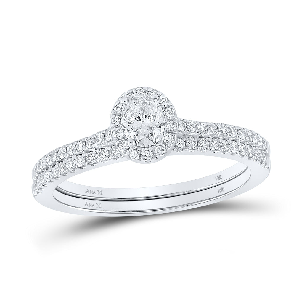 14K White Gold Oval Diamond Halo Bridal Wedding Ring Band Set 5/8 Cttw, Womens Size: 5-10