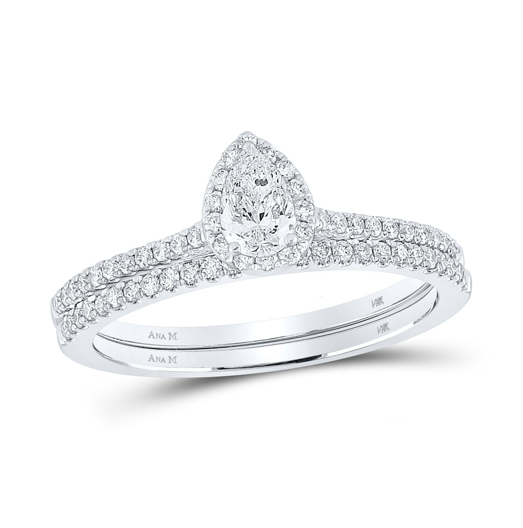 14K White Gold Pear Diamond Halo Bridal Wedding Ring Band Set 5/8 Cttw, Womens Size: 5-10