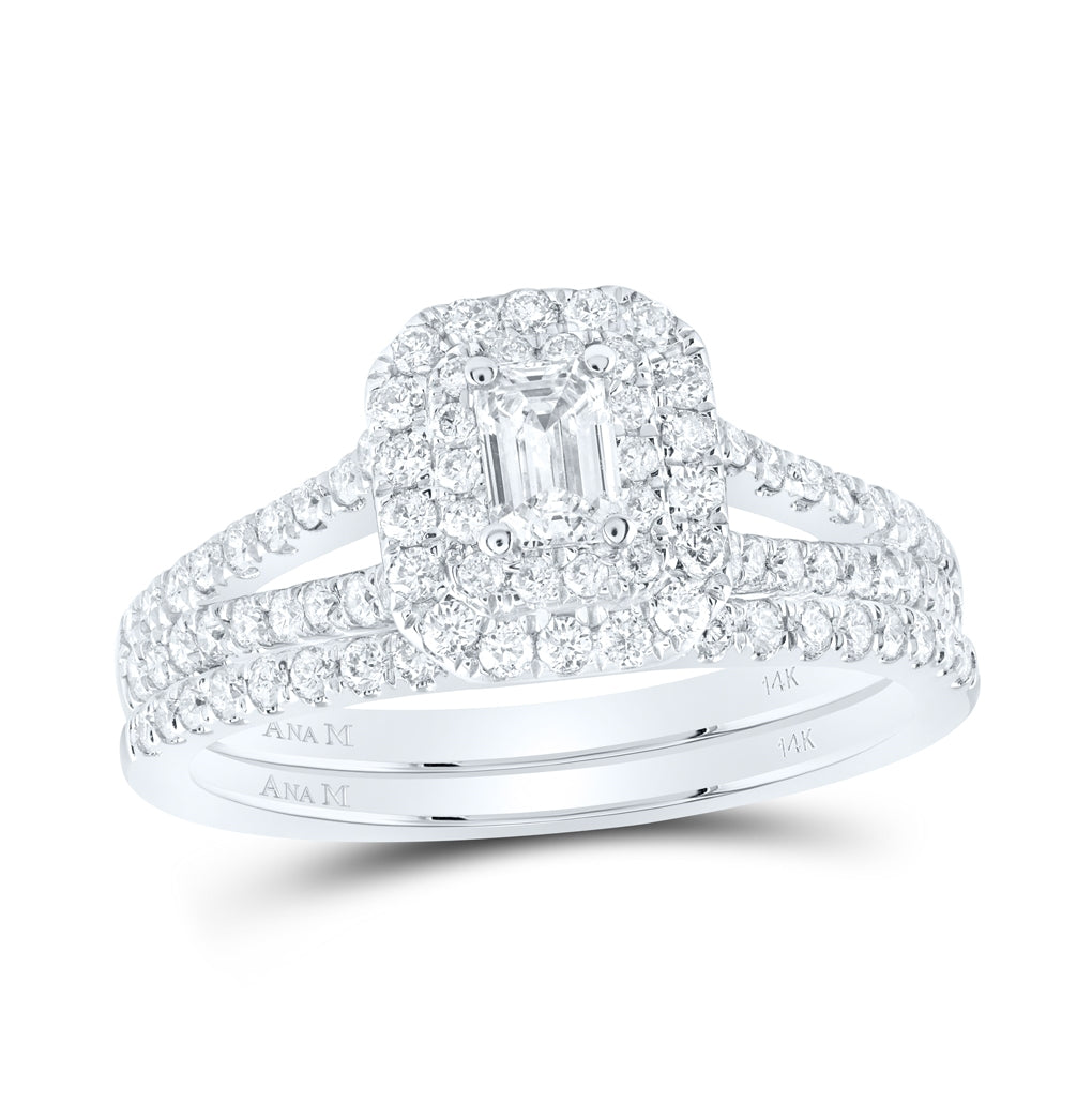 14K White Gold Emerald Diamond Halo Bridal Wedding Band Set 1ctw, Women's Size: 5-10