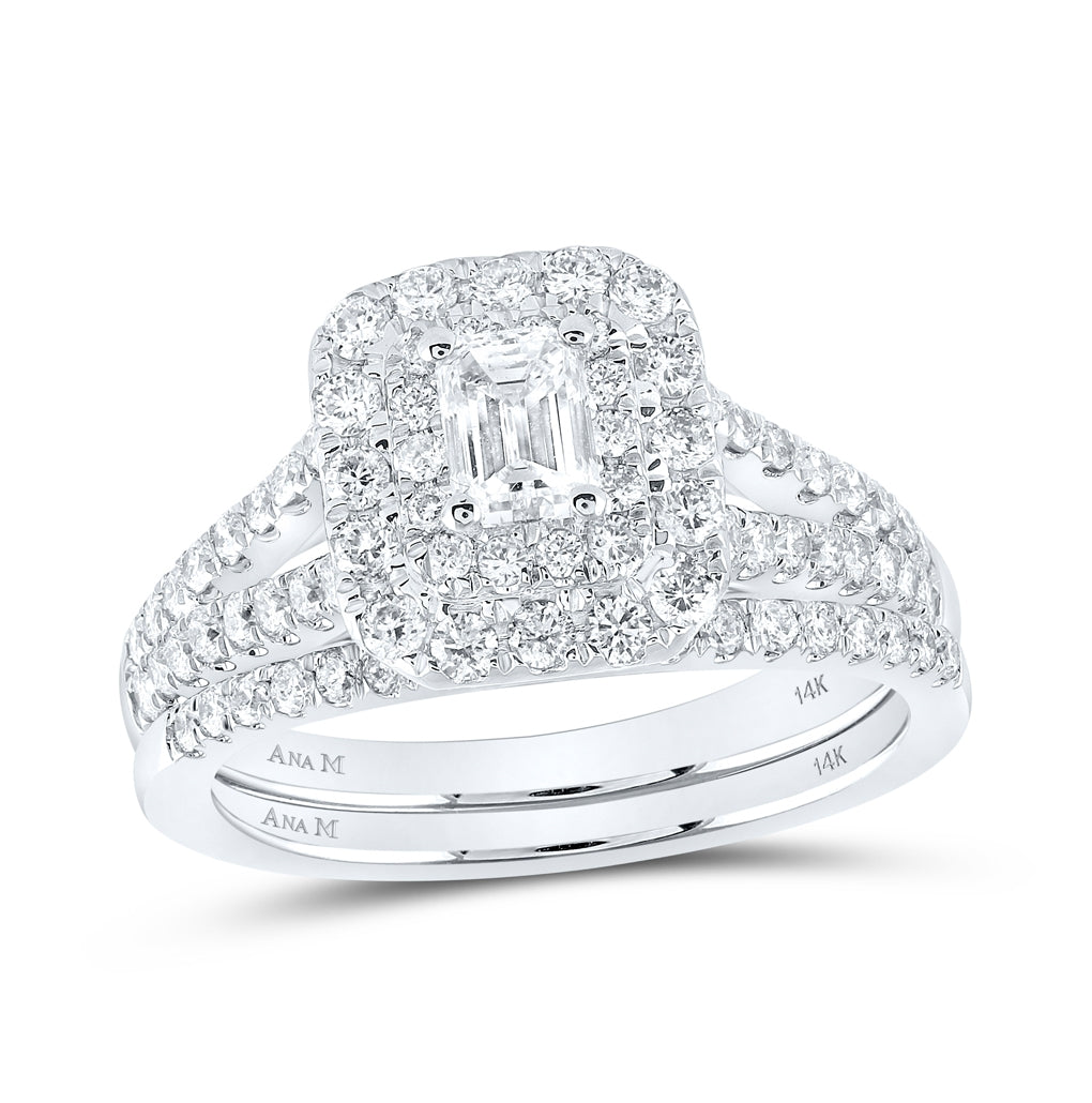 14K White Gold Emerald Diamond Halo Bridal Wedding Ring Band Set 1-1/2 Cttw, Womens Size: 5-10