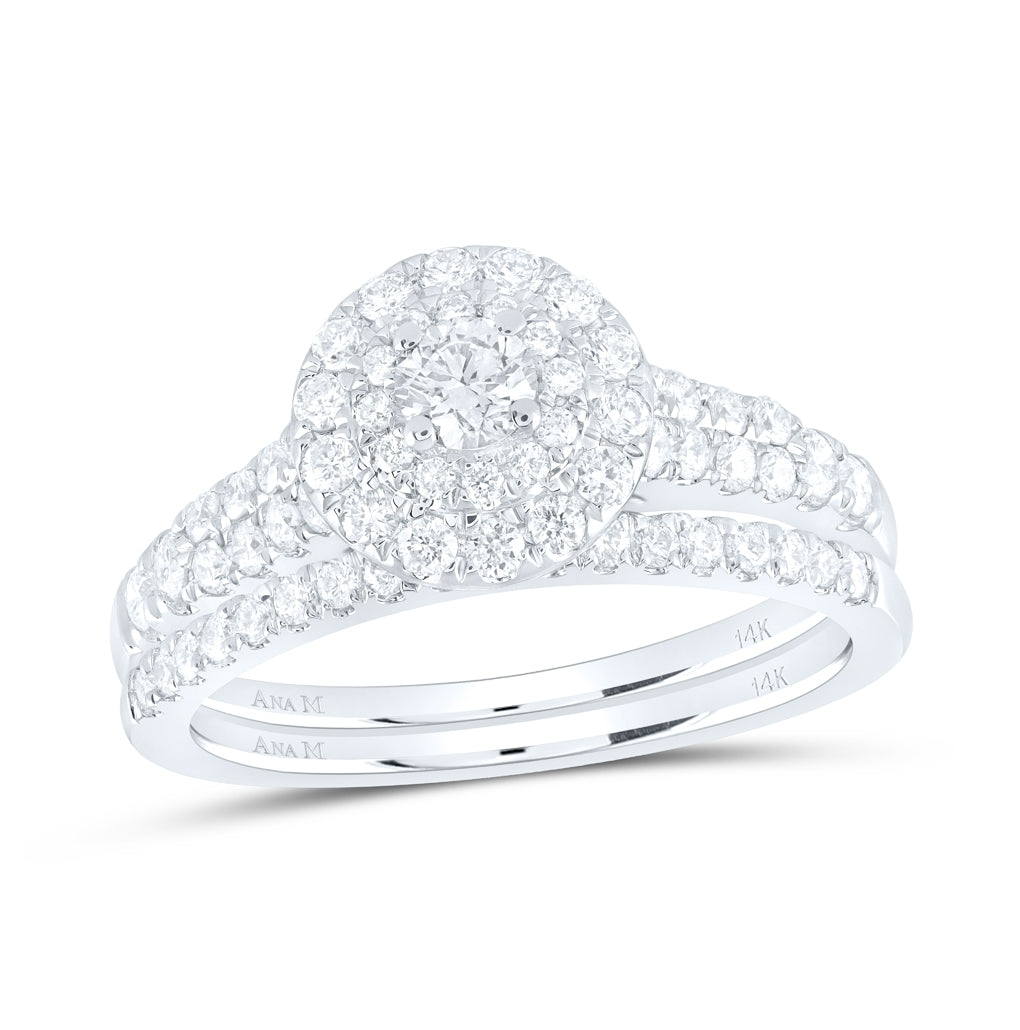 14K White Gold Round Dia. Halo Bridal Wedding Band Set 1ctw, Women's Sz: 5-10
