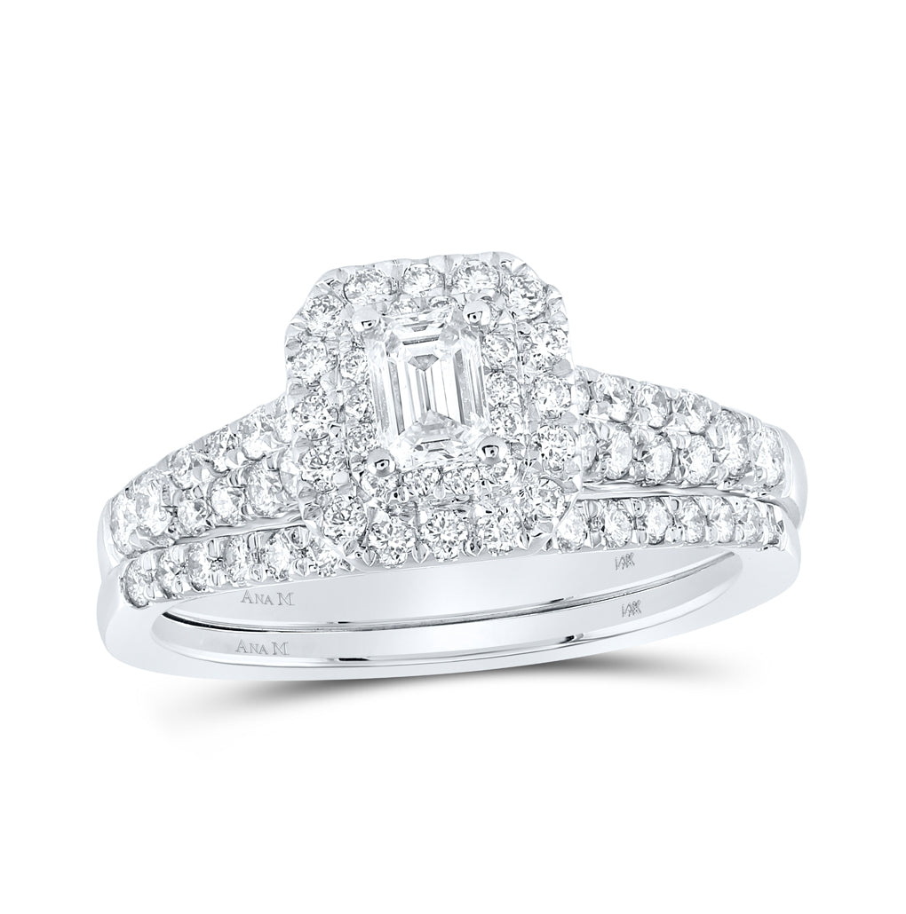 14K White Gold Emerald Diamond Halo Bridal Wedding Ring Band Set 1ctw, Womens Size: 5-10
