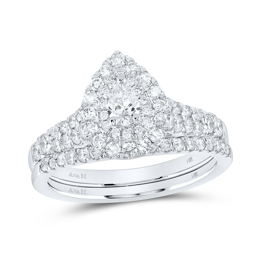 14K White Gold Pear Dia. Halo Bridal Wedding Ring Band Set 1ctw, Women's Size: 5-10