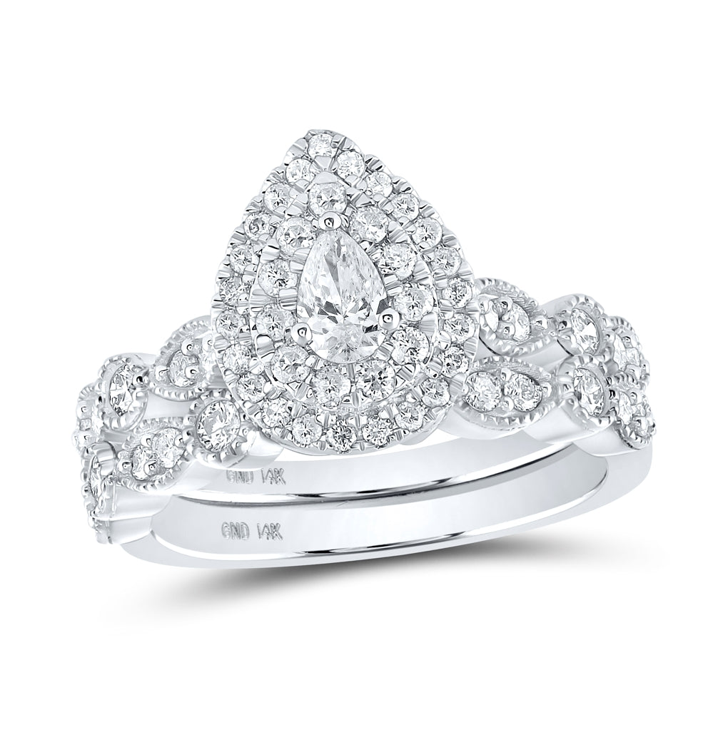 14K White Gold Pear Shape Diamond Halo Bridal Wedding Band Set 1ctw, Women's Sz: 5-10