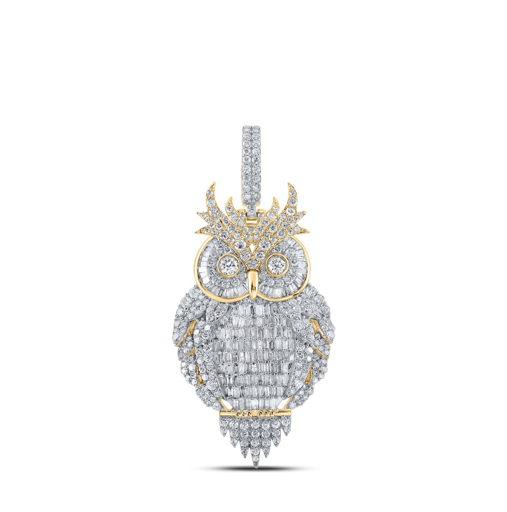 10K Yellow Gold Mens Baguette Diamond Owl Bird Charm Pendant 3-7/8 Cttw
