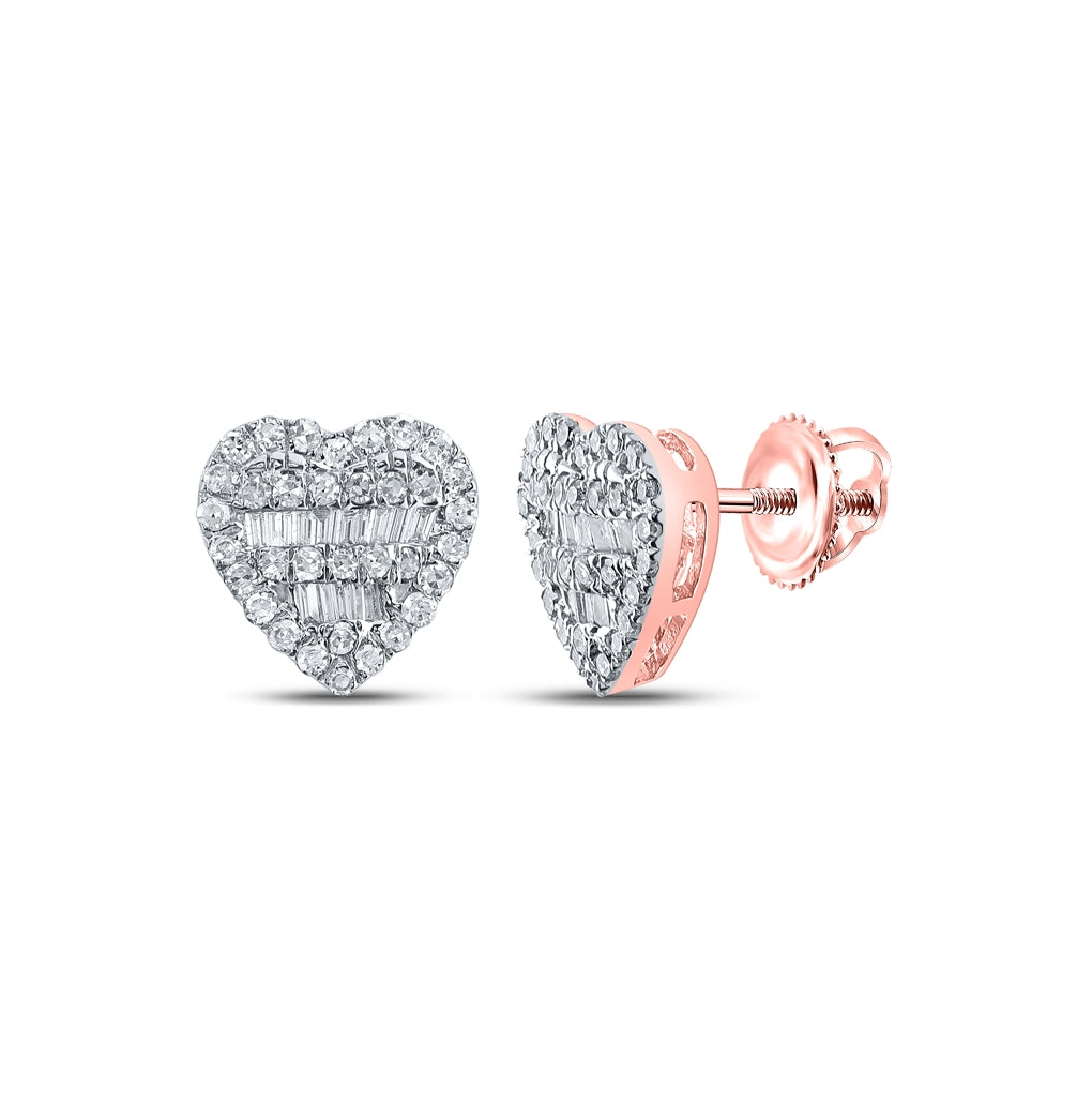 10K Yellow Or Rose Gold Womens Baguette Diamond Heart Earrings