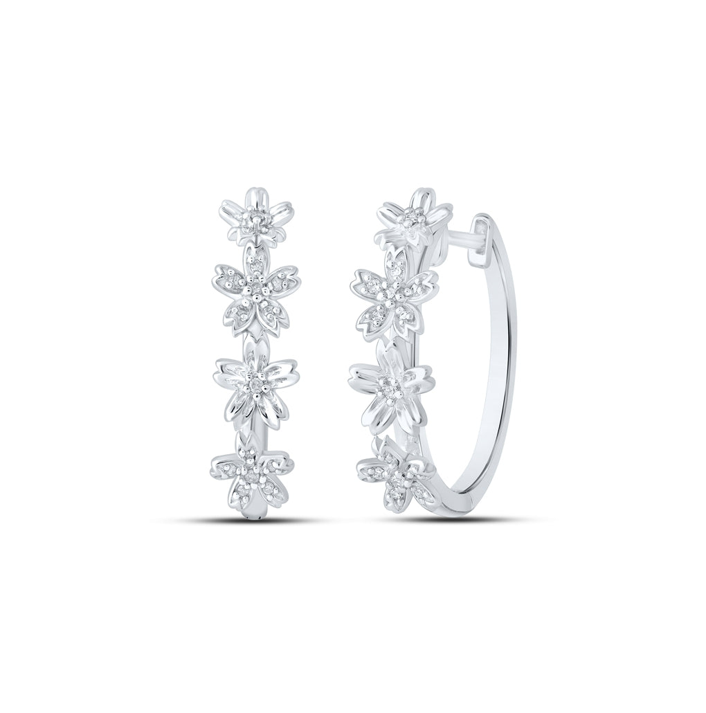 10K White Gold Womens Round Diamond Flower Hoop Earrings 1/8 Cttw