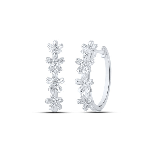 10K White Gold Womens Round Diamond Flower Hoop Earrings 1/8 Cttw