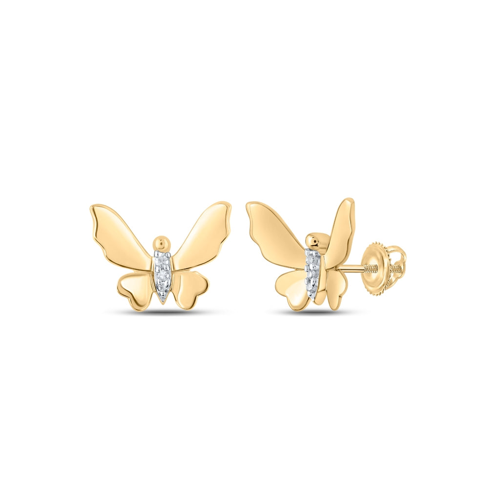 10K Yellow Gold Womens Round Diamond Butterfly Earrings .03 Cttw