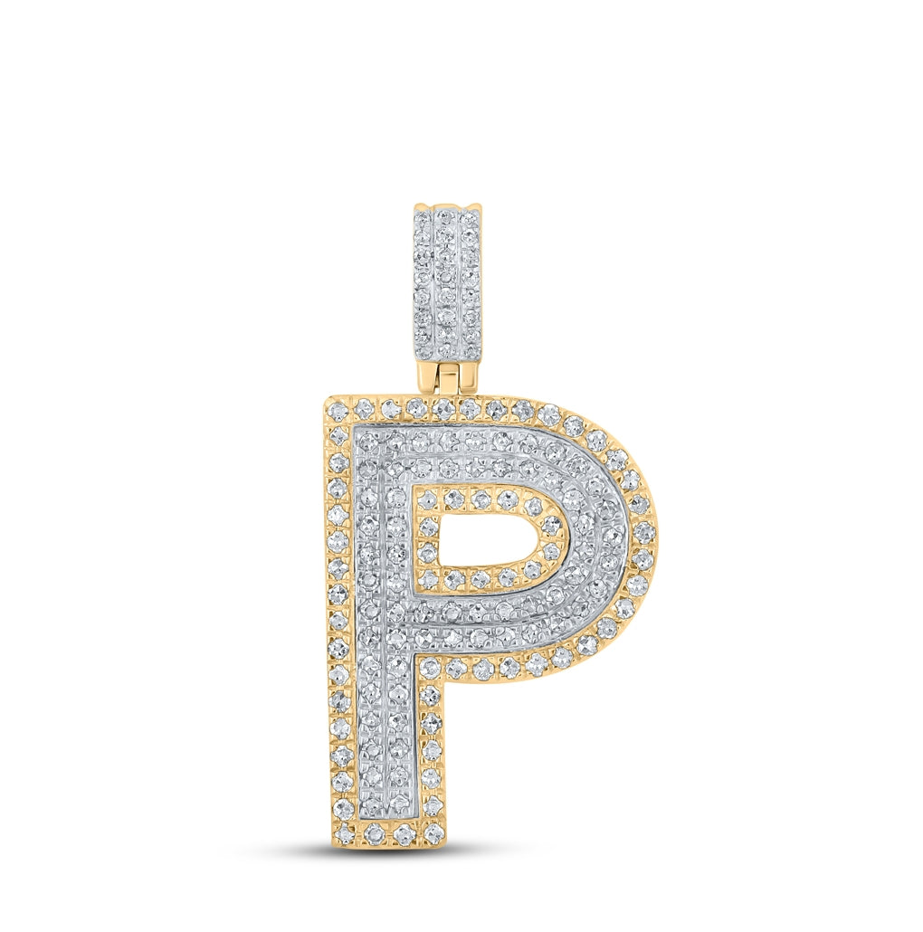 10K Two-tone Gold Mens Round Diamond Initial Letter Pendant