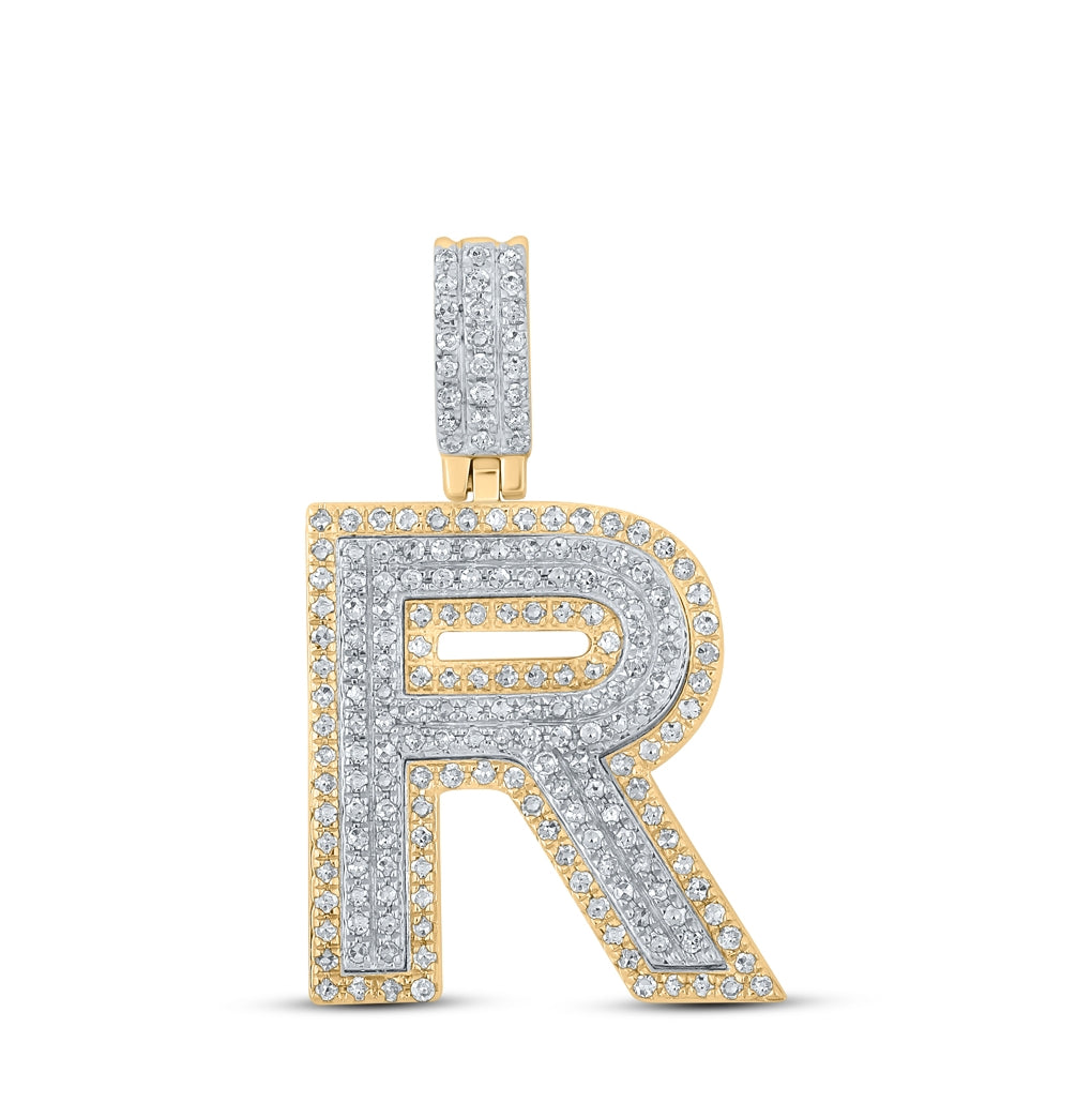 10K Two-tone Gold Mens Round Diamond Initial Letter Pendant
