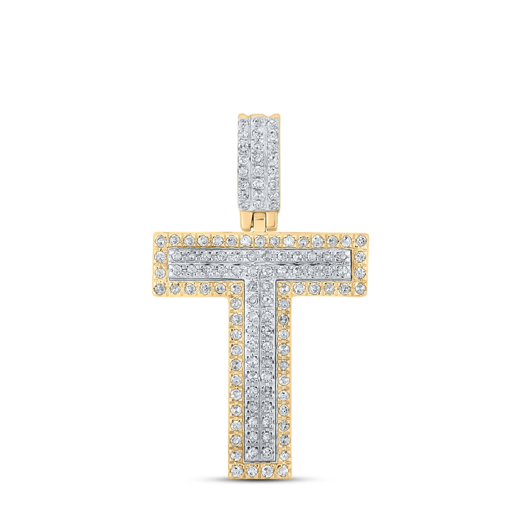10K Two-tone Gold Mens Round Diamond Initial Letter Pendant