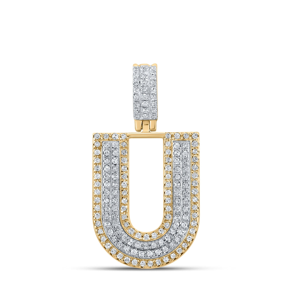10K Two-tone Gold Mens Round Diamond Initial Letter Pendant