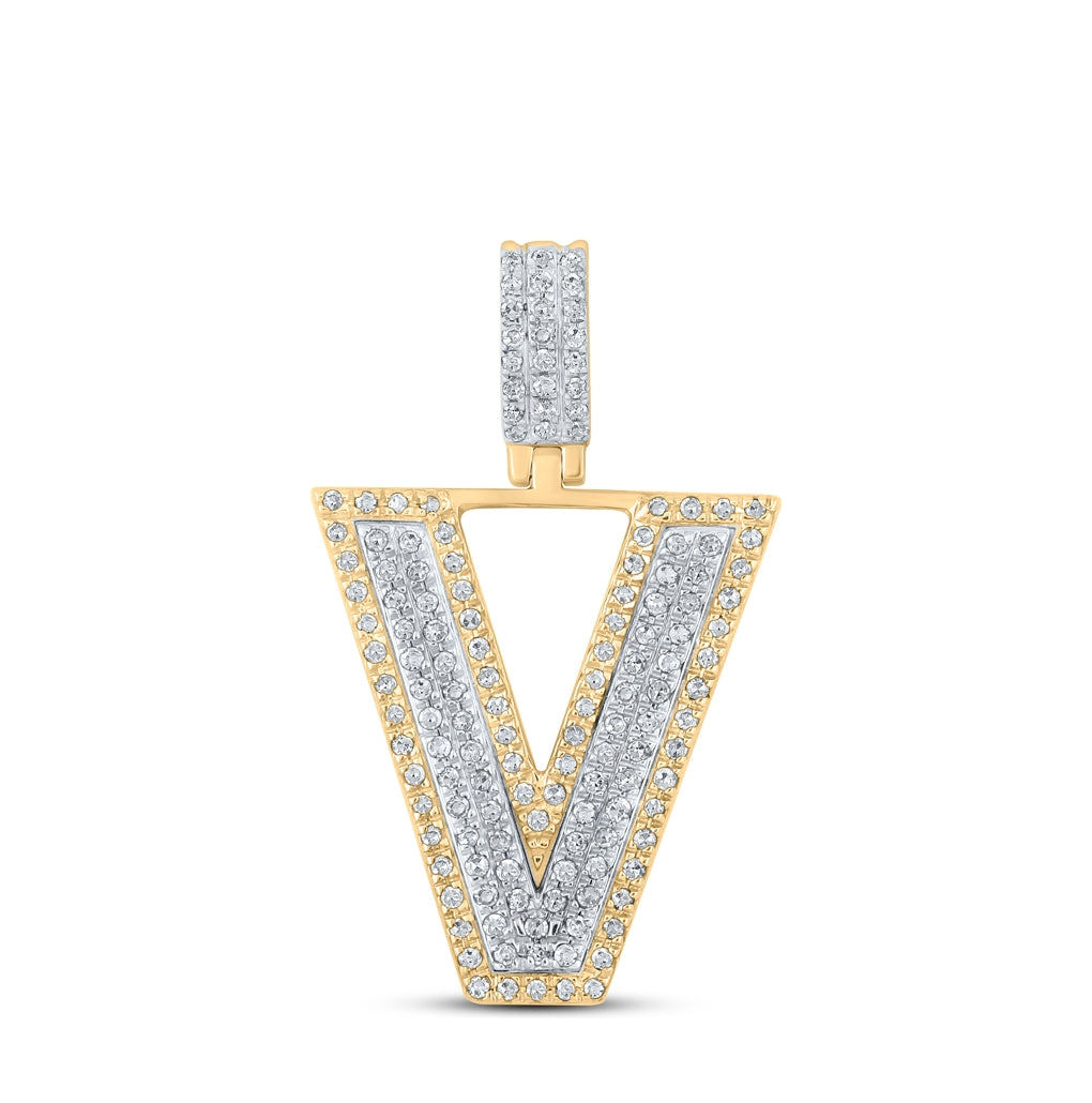 10K Two-tone Gold Mens Round Diamond Initial Letter Pendant
