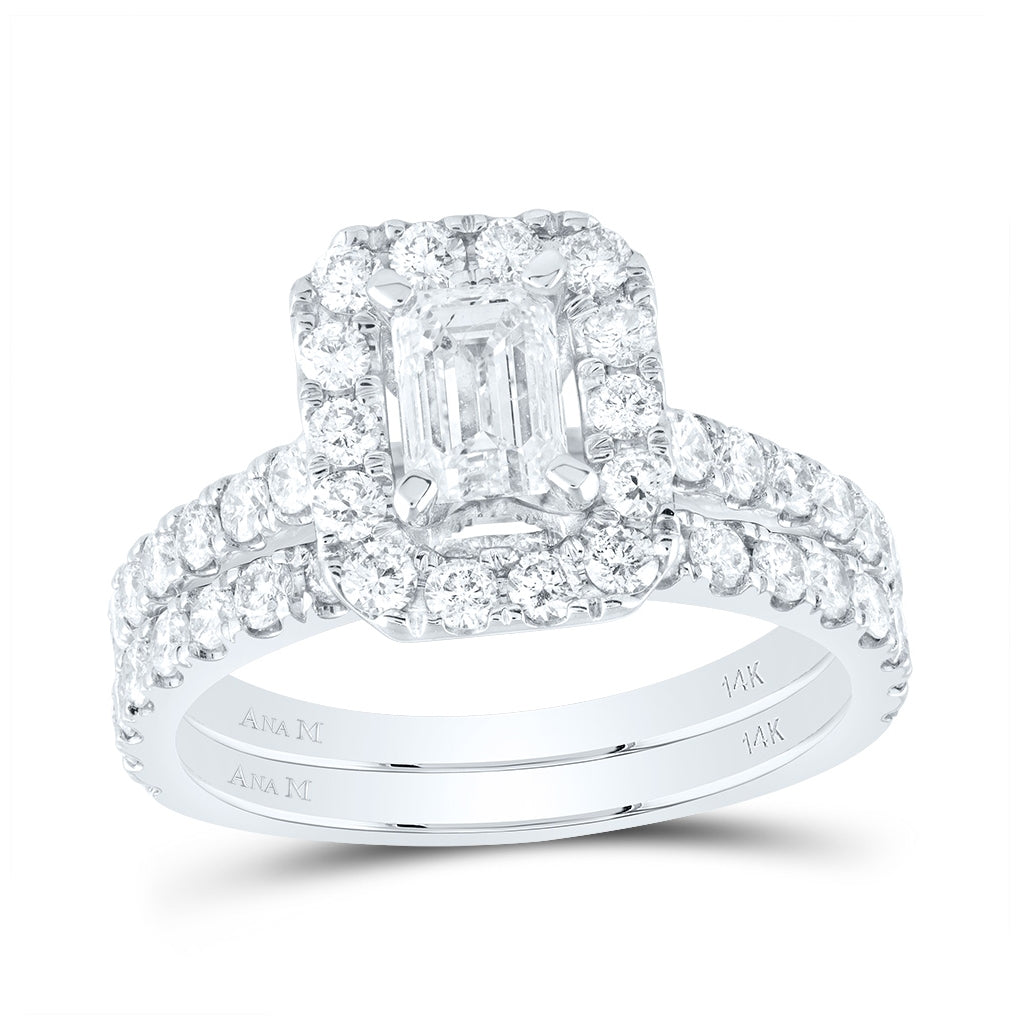 14K White Gold Emerald Diamond Halo Bridal Wedding Ring Band Set 1-7/8 Cttw, Womens Size: 5-10