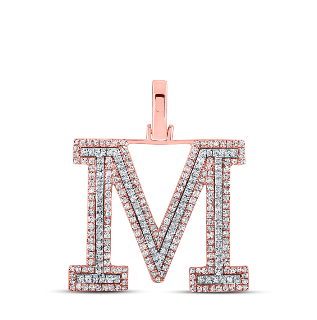 10K Yellow Or Rose Gold Mens Round Diamond M Initial Letter Pendant