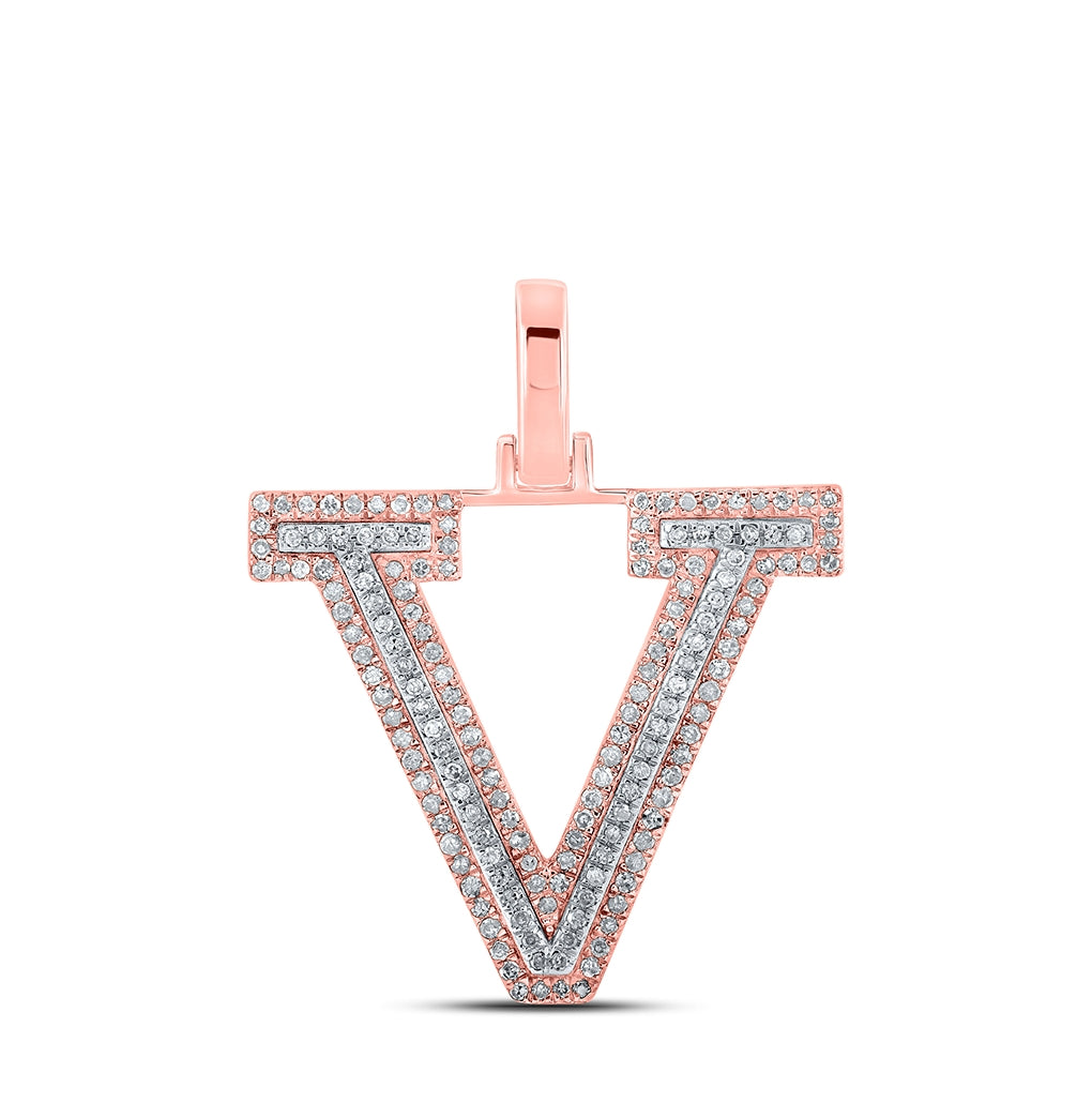 10K Two-tone Gold Mens Round Diamond V Initial Letter Pendant 3/8 Cttw, Length: 1.19 In, Width: 0.61 In