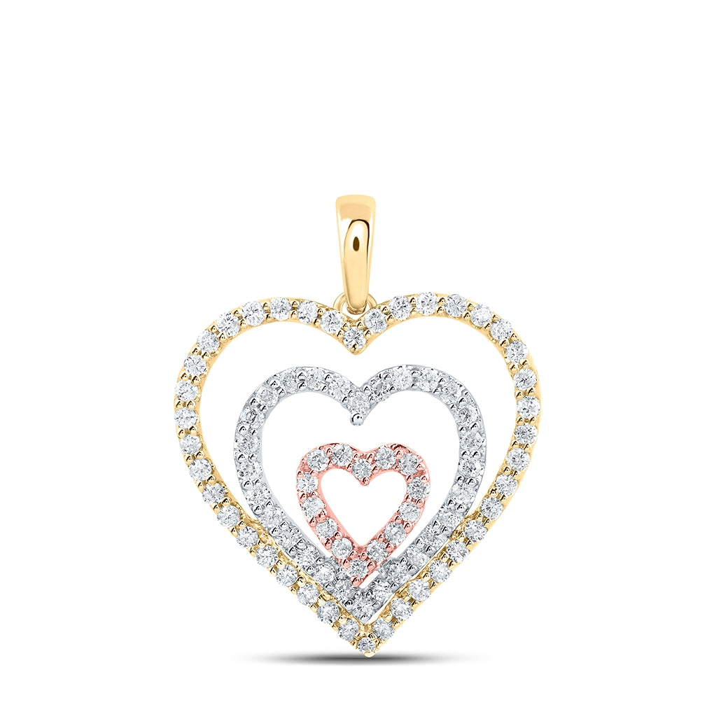 10K Tri-Tone Gold Womens Round Diamond Triple Nested Heart Pendant 1/2 Cttw