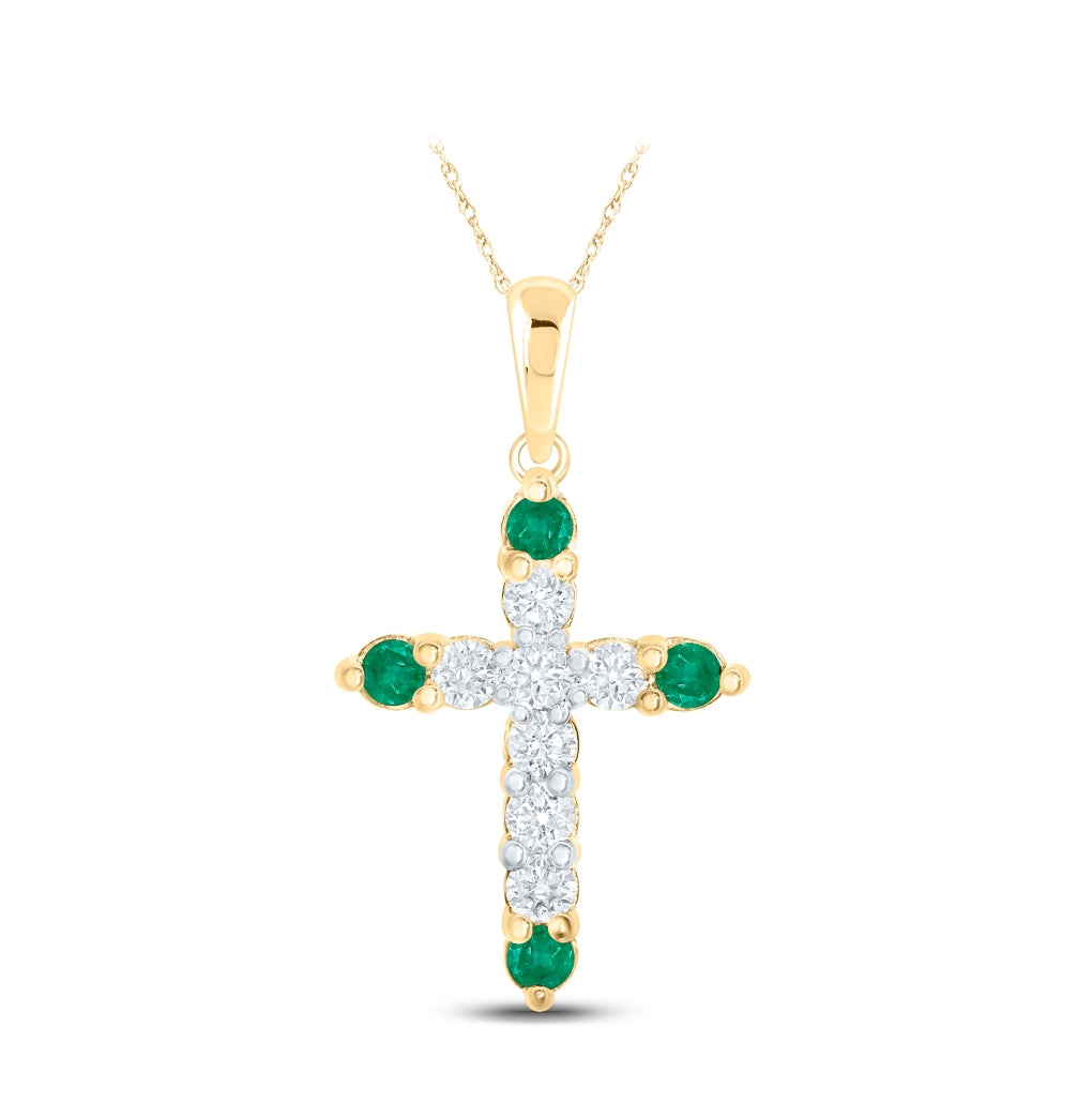 10K Yellow Gold Womens Round Emerald Diamond Cross Pendant 1/5 Cttw, Length: 0.86 In, Width: 0.46 In