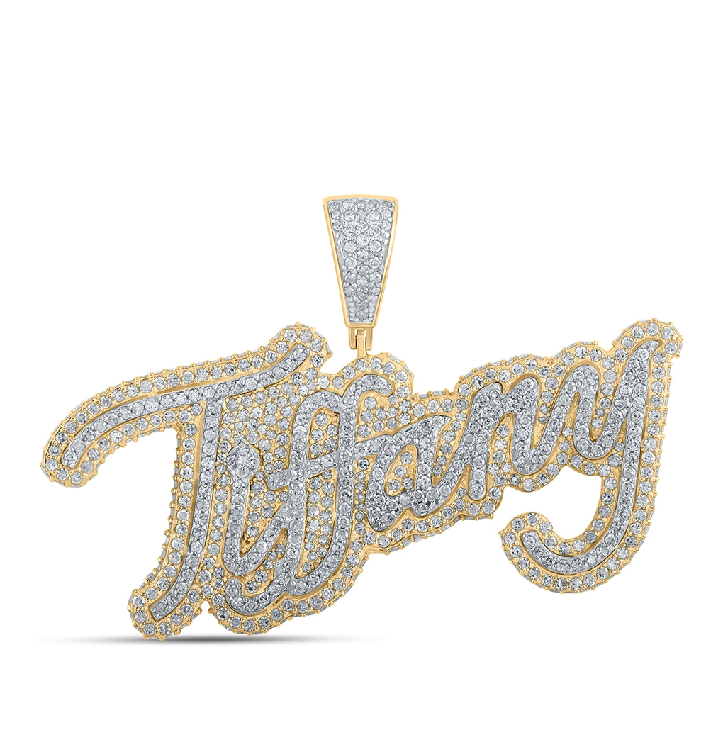 10K Two-tone Gold Womens Round Diamond Tiffany Name Pendant 2-5/8 Cttw, Length: 1.42 In, Width: 2.03 In
