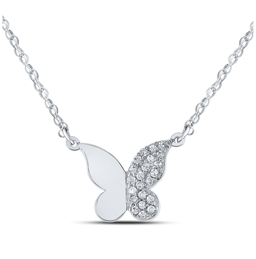 10K White Gold Womens Round Diamond Butterfly Necklace 1/8 Cttw, Length: 0.48 In, Width: 0.4 In