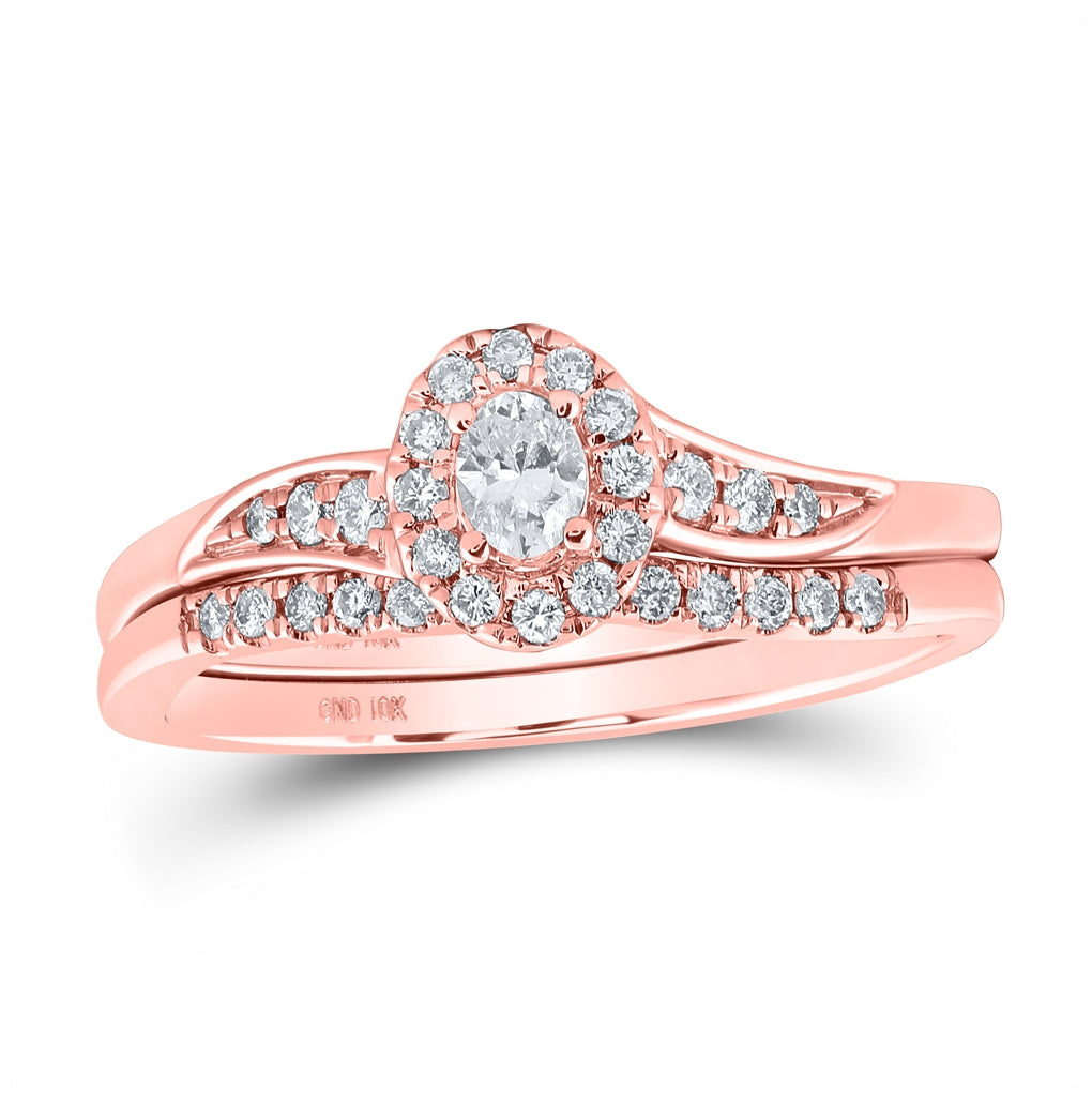 10K Rose Gold Oval Diamond Halo Bridal Wedding Ring Band Set 1/3 Cttw, Womens Size: 5-10