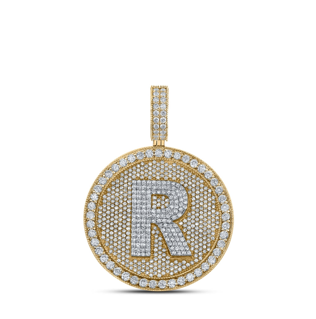 10K Two-tone Gold Mens Round Diamond Initial Letter Charm Pendant