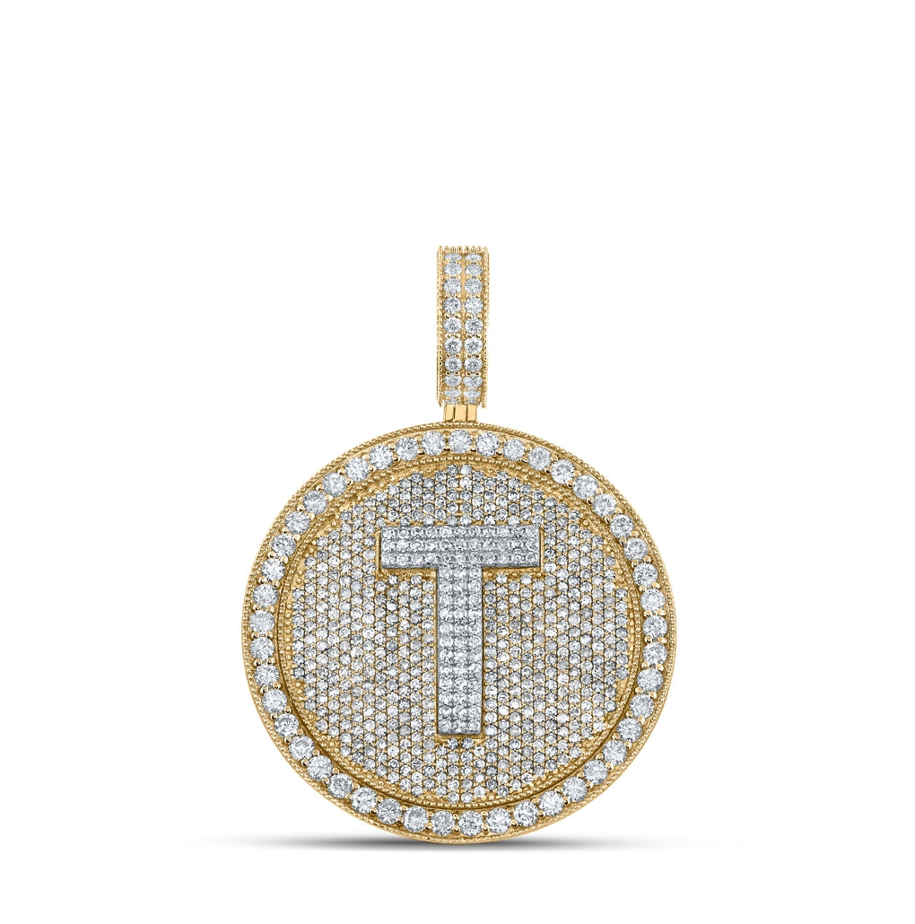 10K Two-tone Gold Mens Round Diamond Initial Letter Charm Pendant