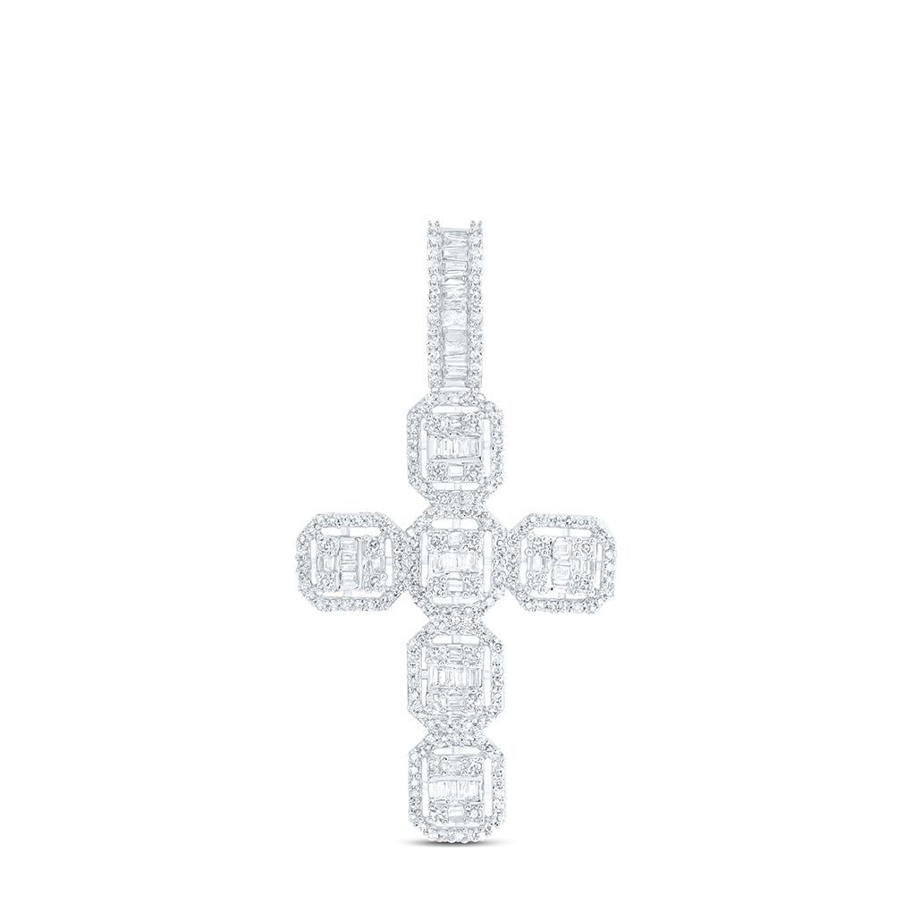 10K White Gold Mens Baguette Diamond Cross Charm Pendant 1 Cttw, Length: 1.8 In, Width: 0.98 In