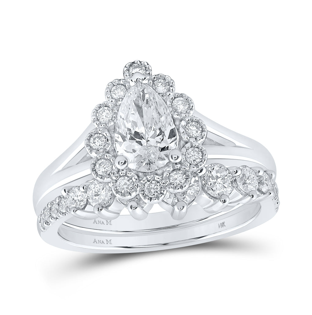 14K Yellow Or White Gold Pear Diamond Halo Bridal Wedding Ring Band Set 1-1/2 Cttw, Womens Size: 5-10