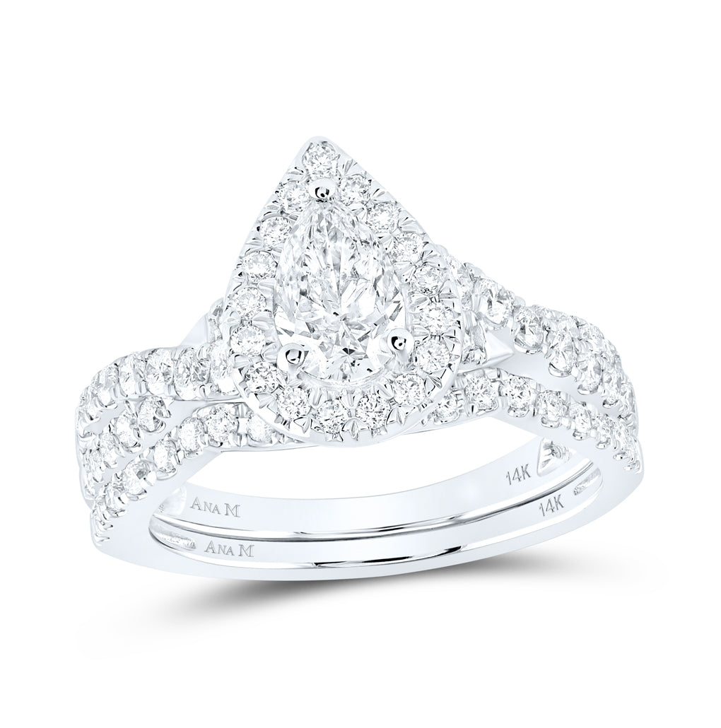 14K Yellow Or White Gold Pear Diamond Halo Bridal Wedding Ring Band Set 1-1/2 Cttw, Womens Size: 5-10