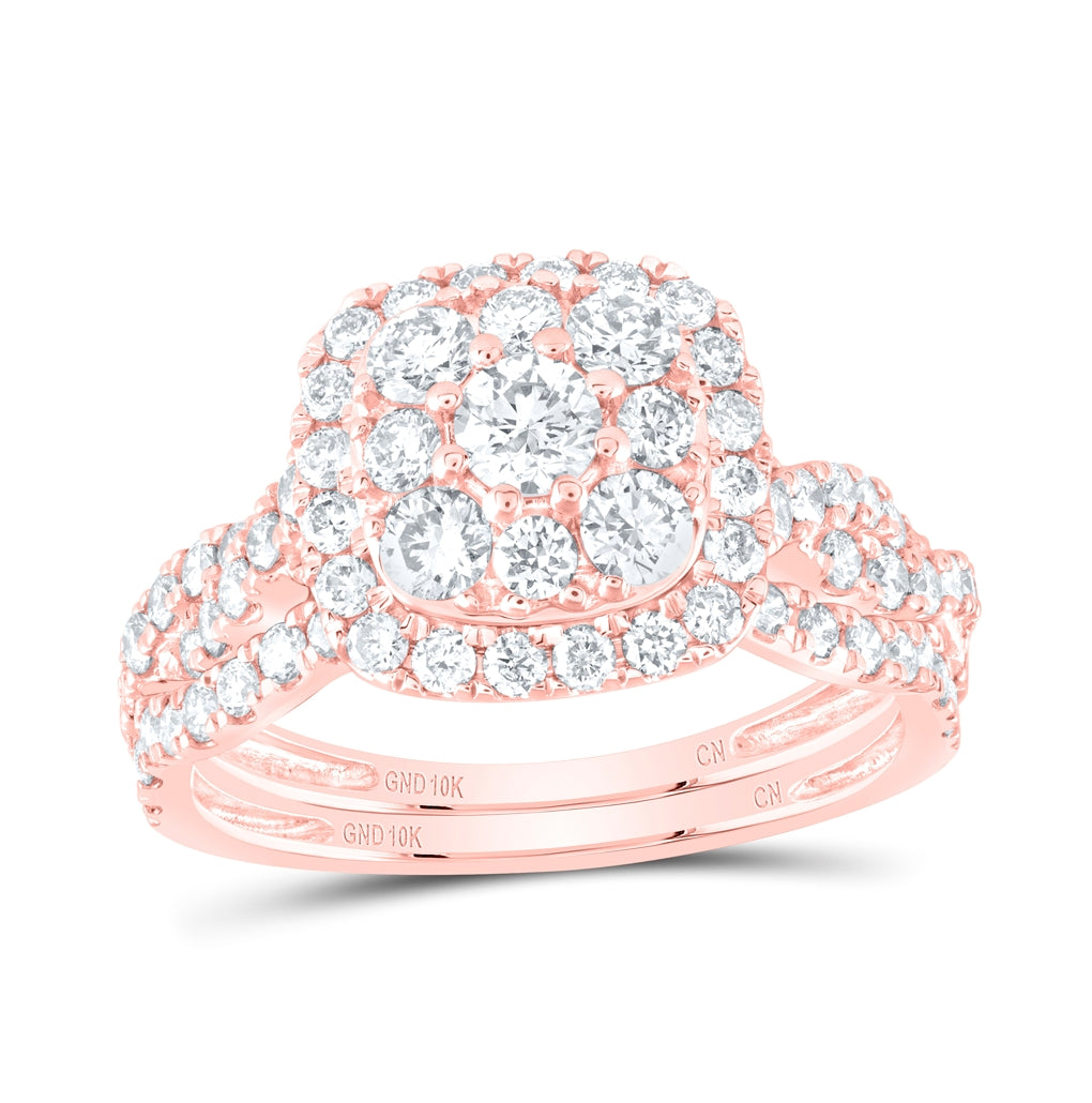 10K Rose Gold Round Diamond Halo Bridal Wedding Ring Band Set 1-1/2 Cttw, Womens Size: 5-10