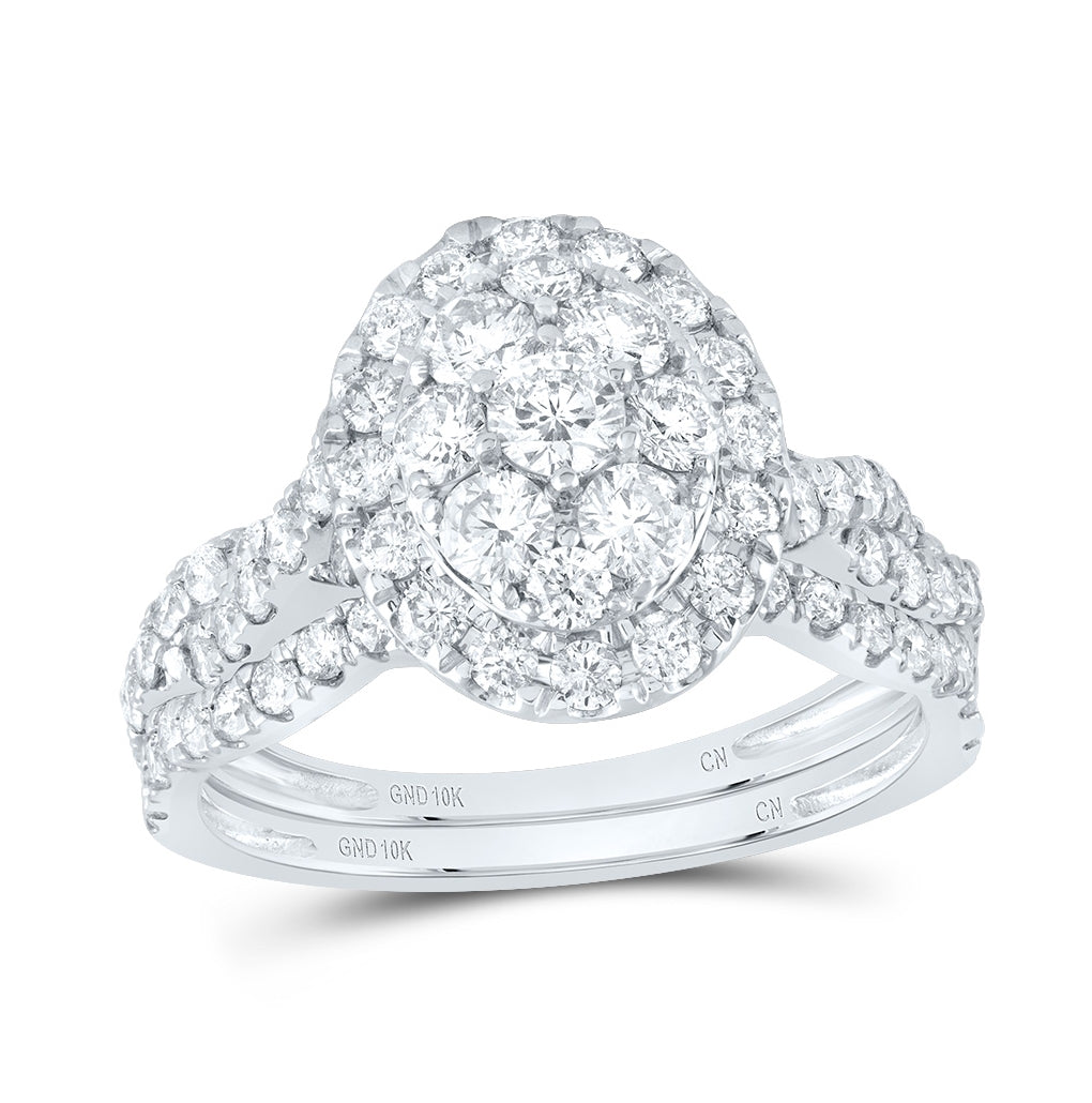 10K White Gold Round Diamond Oval Cluster Bridal Wedding Ring Band Set 1-1/2 Cttw, Womens Size: 5-10