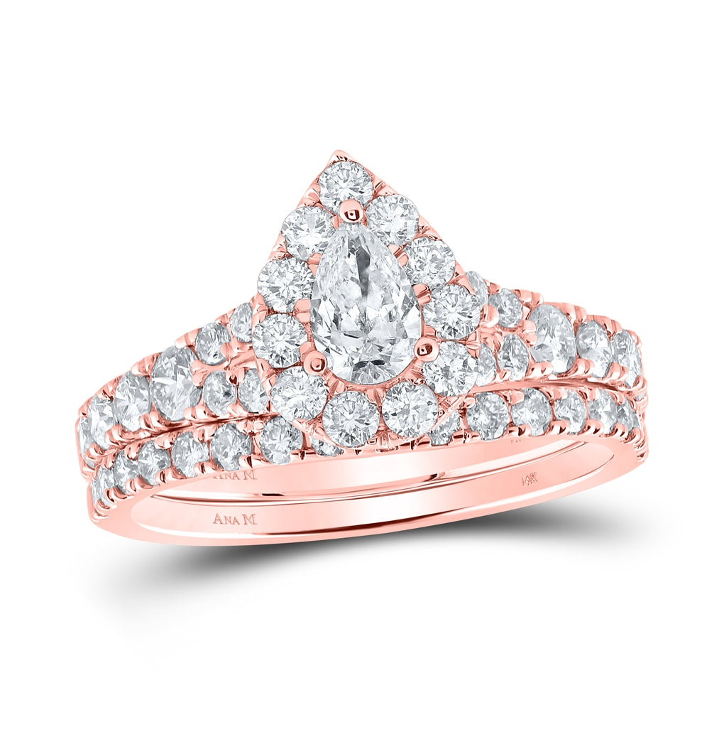 14K Yellow Or White Or Rose Gold Pear Diamond Halo Bridal Wedding Ring Band Set 1-1/2 Cttw, Womens Size: 5-10