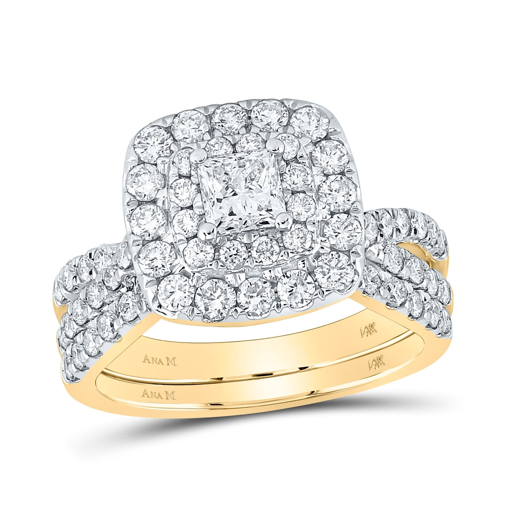 14K Yellow Gold Princess Diamond Halo Bridal Wedding Ring Band Set 2ctw, Womens Size: 5-10