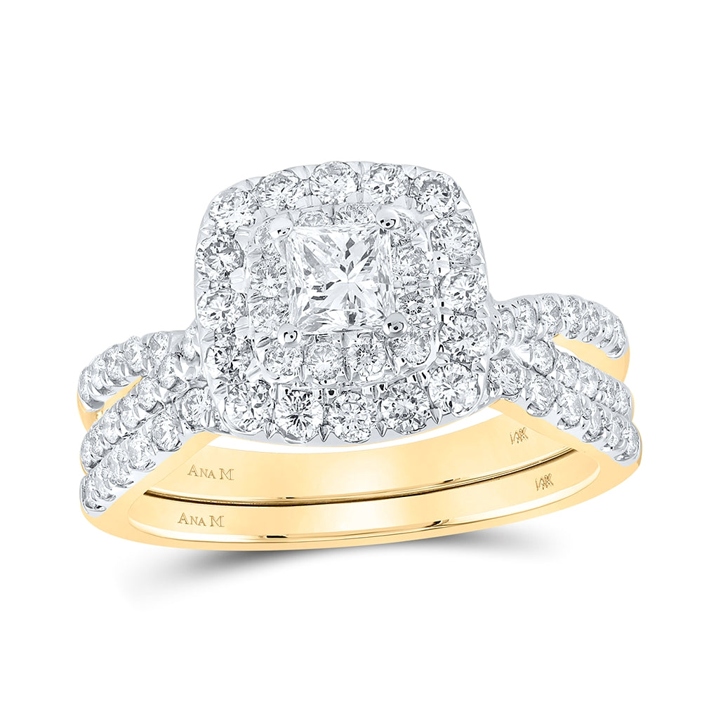 14K Yellow Gold Princess Diamond Halo Bridal Wedding Ring Band Set 1-1/2 Cttw, Womens Size: 5-10