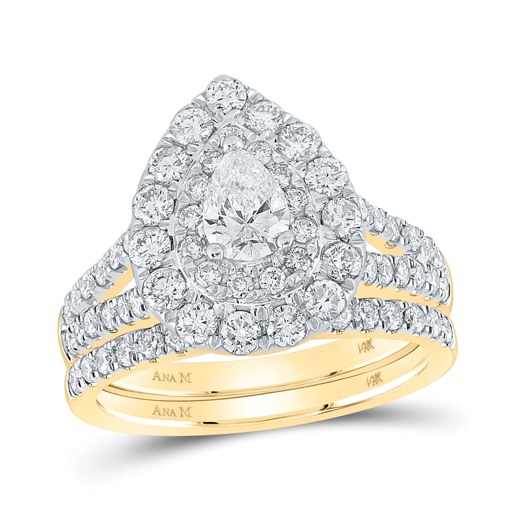 14kt Yellow Gold 2 Ctw Diamond Ana M 1/2ct-cpear Bridal Set Double Halo