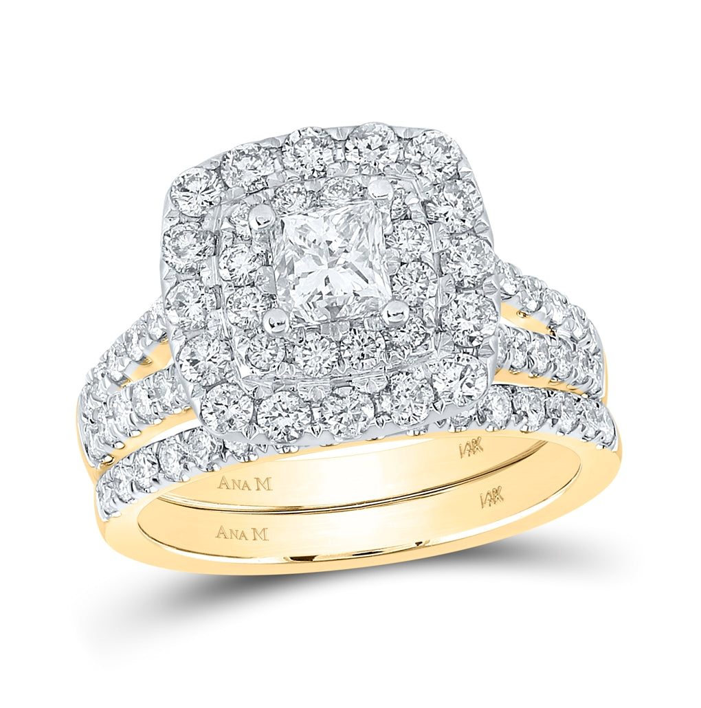 14K Yellow Gold Princess Diamond Halo Bridal Wedding Ring Band Set 2ctw, Women's Size: 5-10