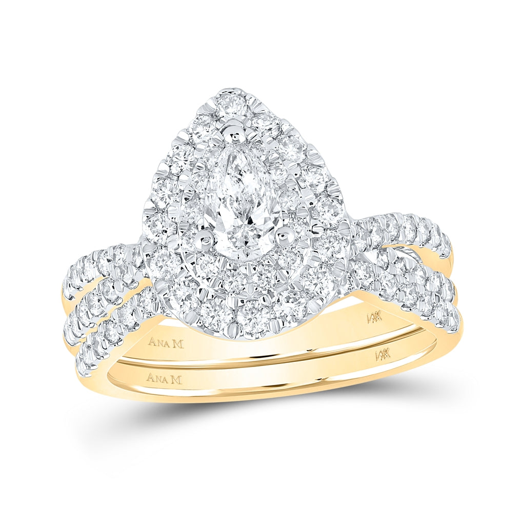 14K Yellow Gold Pear Dia. Halo Bridal Wedding Ring Band Set 1-1/2ctw, Women's Size: 5-10