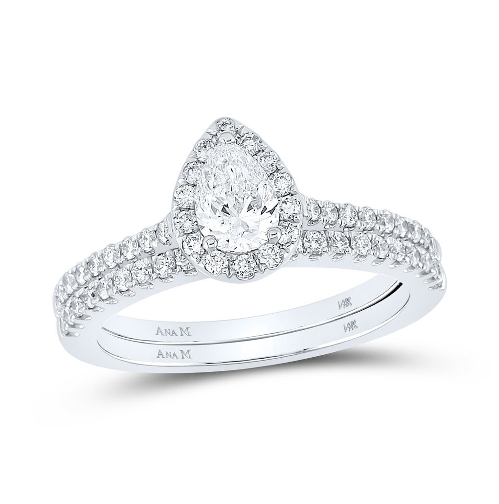 14K Yellow Or Two-Tone Gold Pear Diamond Halo Bridal Wedding Ring Band Set , Womens Size: 5-10