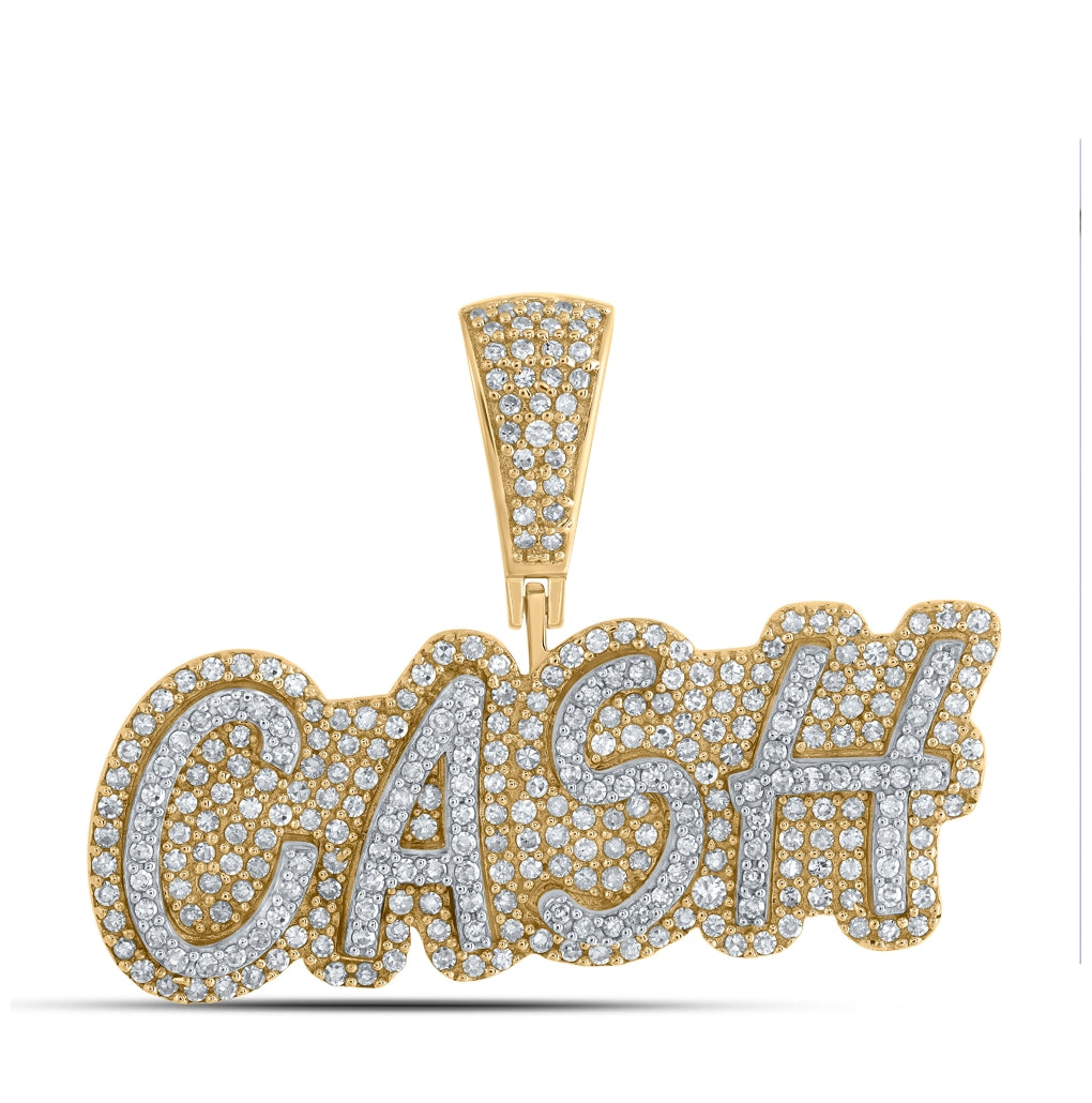 10K Yellow Gold Mens Round Diamond CASH Charm Pendant 7/8 Cttw, Length: 0.91 In, Width: 1.22 In