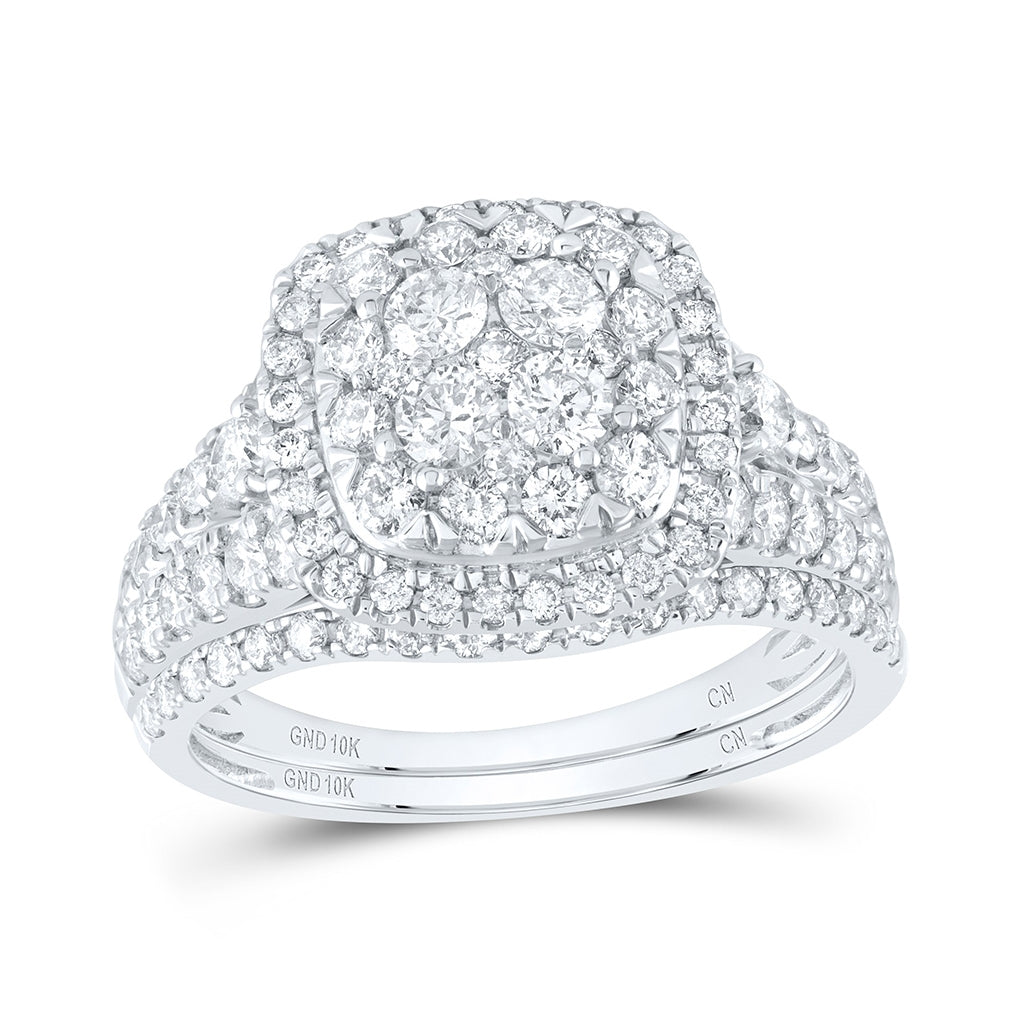 10K White Gold Round Diamond Square Halo Bridal Wedding Ring Band Set 1-1/2 Cttw, Womens Size: 5-10