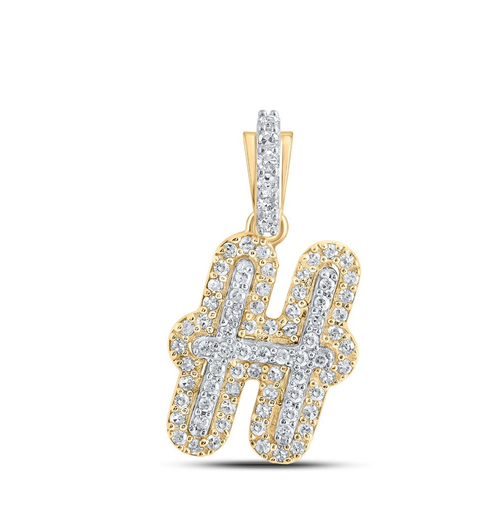 10K Yellow Gold Mens Round Diamond H Initial Letter Charm Pendant 1/5 Cttw, Length: 0.73 In, Width: 0.41 In