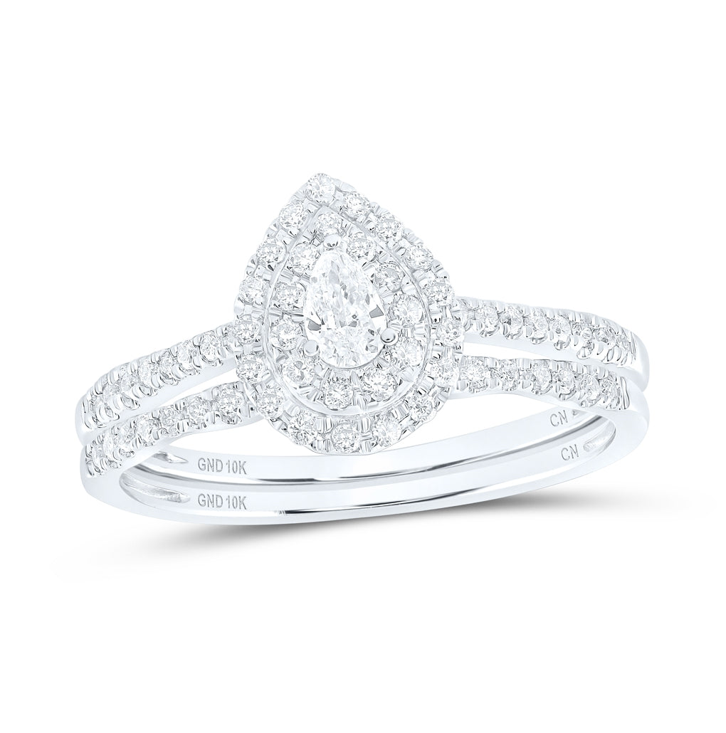 10K White Gold Pear Dia. Halo Bridal Wedding Band Set 3/8ctw, Women's Sz: 5-10