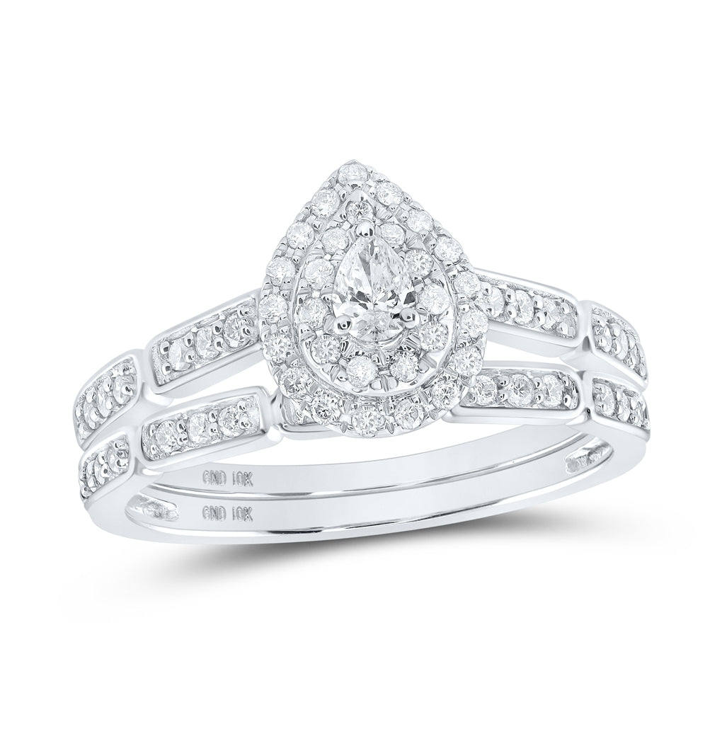 10K White Gold Pear Dia. Halo Bridal Wedding Band Set 3/8ctw, Women's Size: 5-10